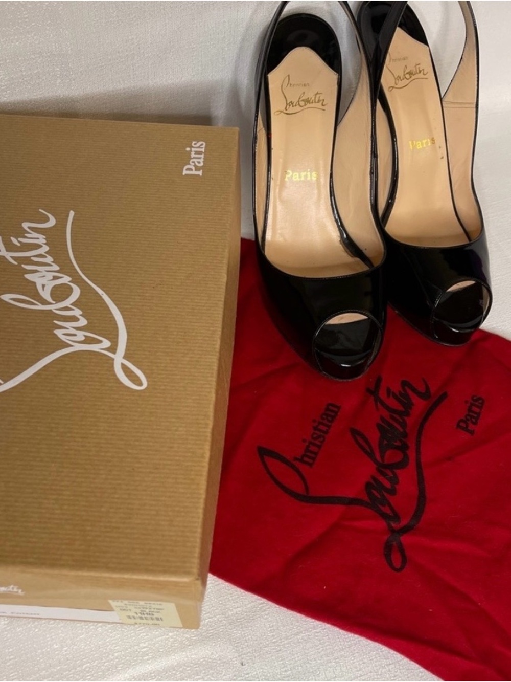 Christian Louboutin Black Patent Leather Peep-Toe Slingback Pumps 41.5.